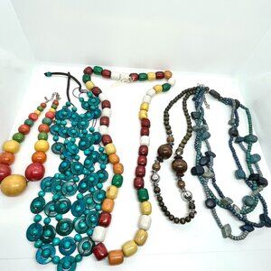 VINTAGE WOOD BEAD NECKLACE LOT BOHO MULTICOLOR CHUNKY STATEMENT JEWELRY SET